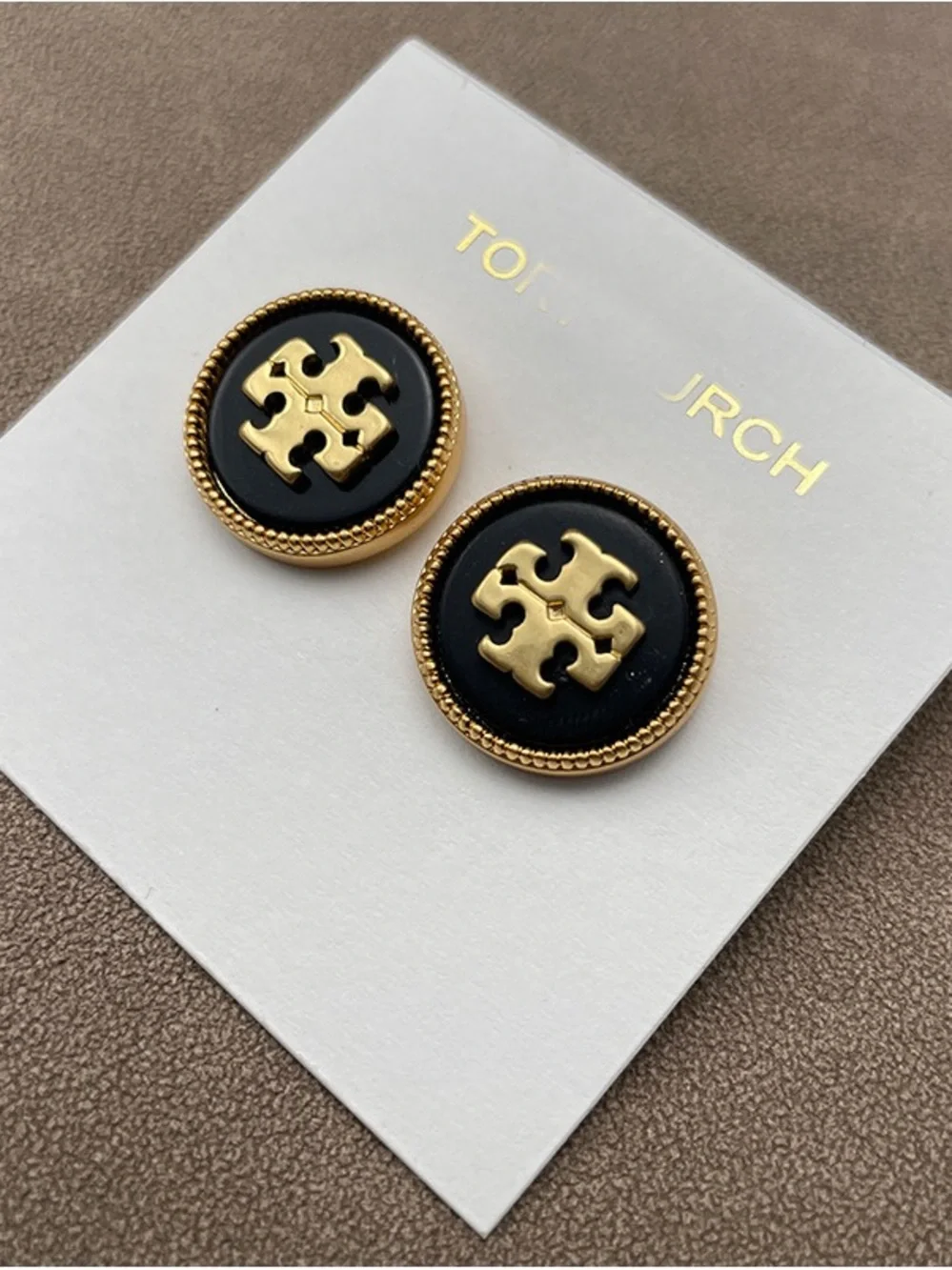 Tory Burch Black and Gold Round Logo Button Earrings